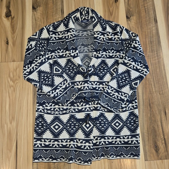Chaps Aztec Print Cardigan Sweater Womens Blue Cream Sz XL Faux Horn Buttons - Picture 1 of 10
